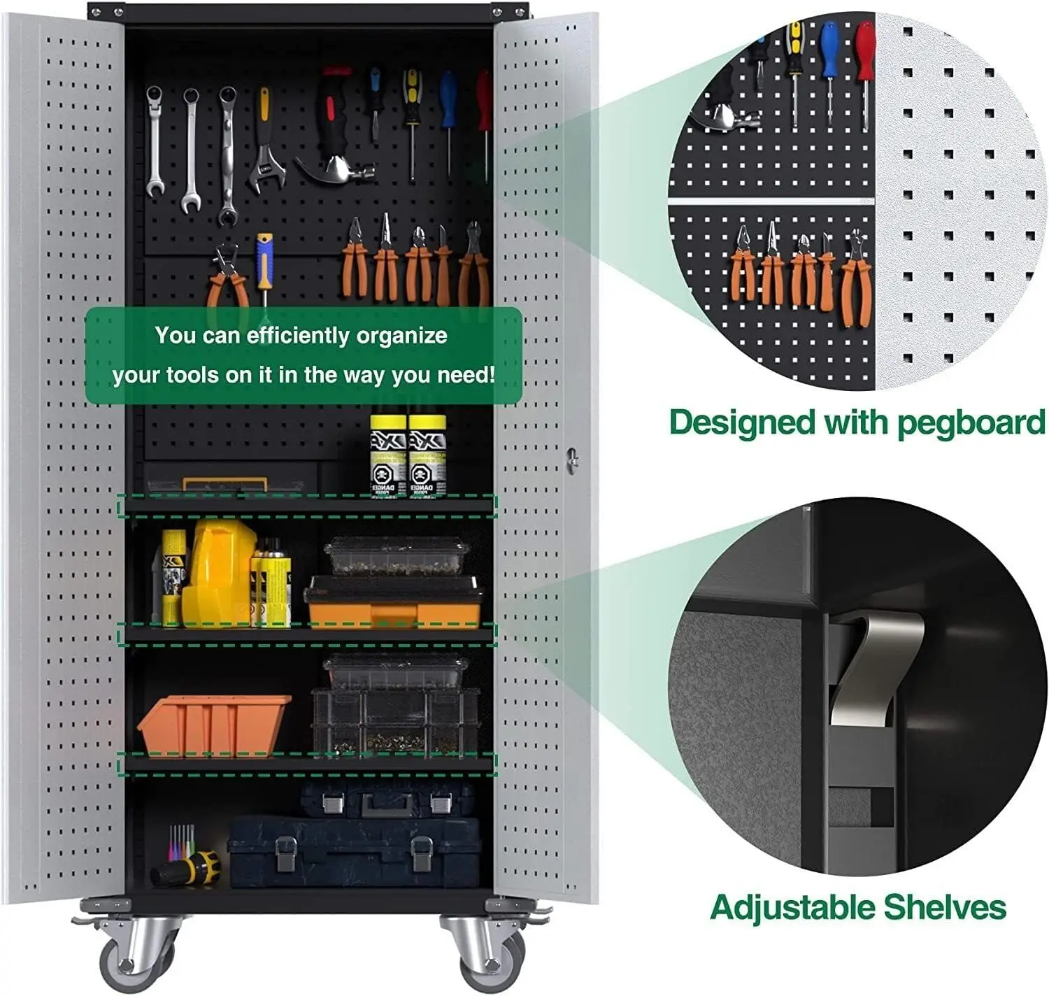 Armoire de rangement avec roulettes et panneau perforé, armoire de rangement de garage avec étagères et portes verrouillables, armoire à outils roulante f, 71 po de haut