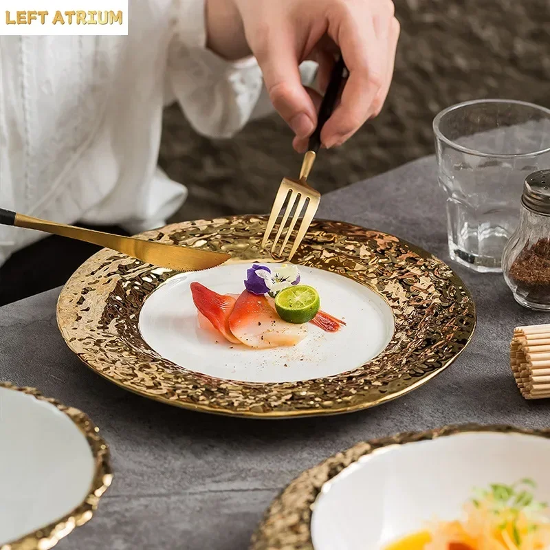 Wide Gold Edged Stone Patterned Ceramic Western Dish Plate, Soup Bowl, Sushi, Dessert Plate, Featured Hotel Circular Dish