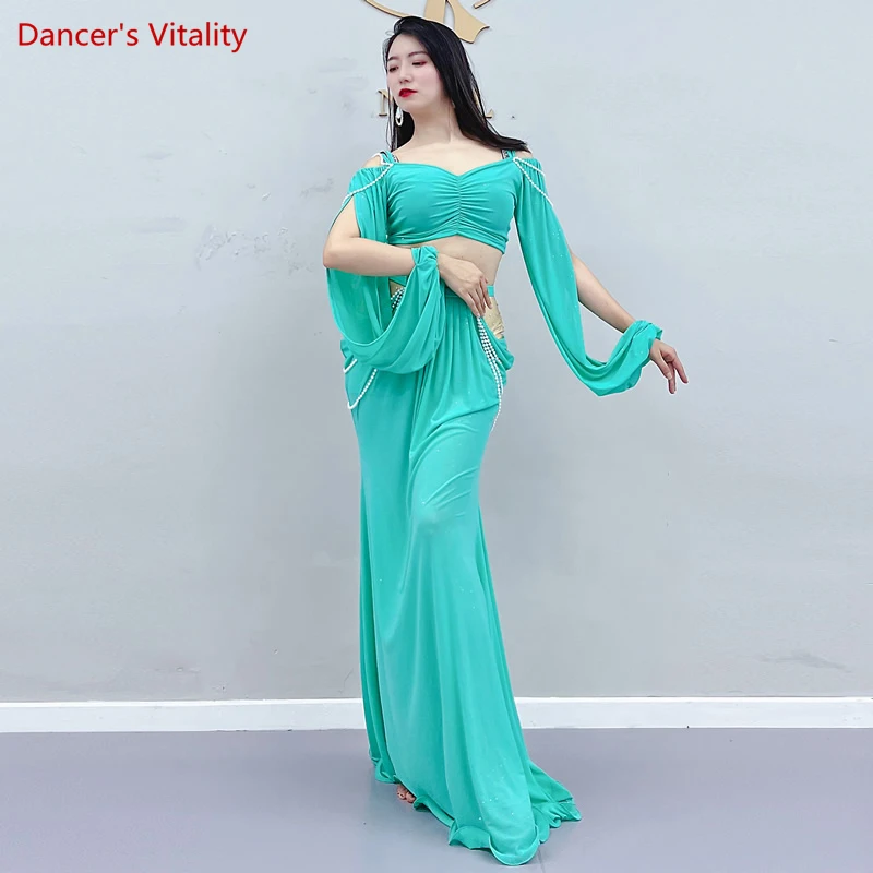 Belly Dance เสื้อผ้าสำหรับผู้หญิงตาข่ายไข่มุกด้านบน + กระโปรง2Pcs สาว Oriental เครื่องแต่งกายชุดหญิงฝึกสวมใส่เครื่องแต่งกาย