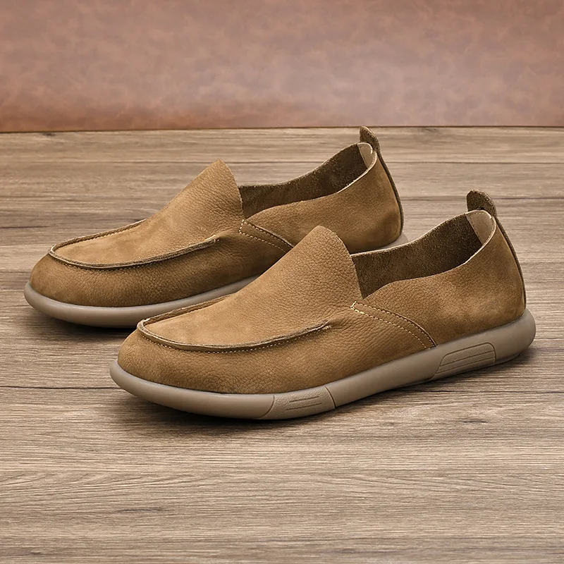 

Retro Men's Top-level Cowhide Loafers with Round Toe Genuine Leather Casual and Comfortable Flat Shoes