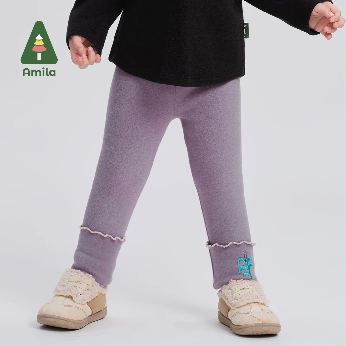 Amila Baby Leggings 2024 Winter New Girls Solid Color Warm Soft And Velvet Skin-Friendly Basic Versatile Casual Children\'s Pants