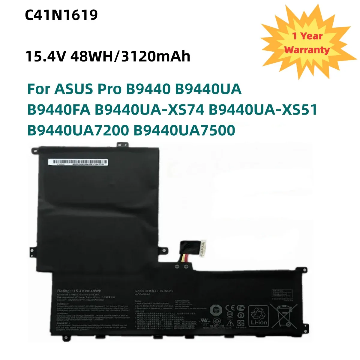 

C41N1619 Laptop Battery For ASUS Pro B9440 B9440UA B9440FA B9440UA-XS74 B9440UA-XS51 B9440UA7200 B9440UA7500 15.4V 48WH