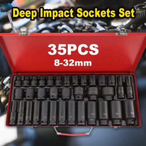 35PCS 1/2inch Drive Metric Impact Socket Set Garage Wrench Head 8-32mm 6 Point Metric Car Repair Tools with Case