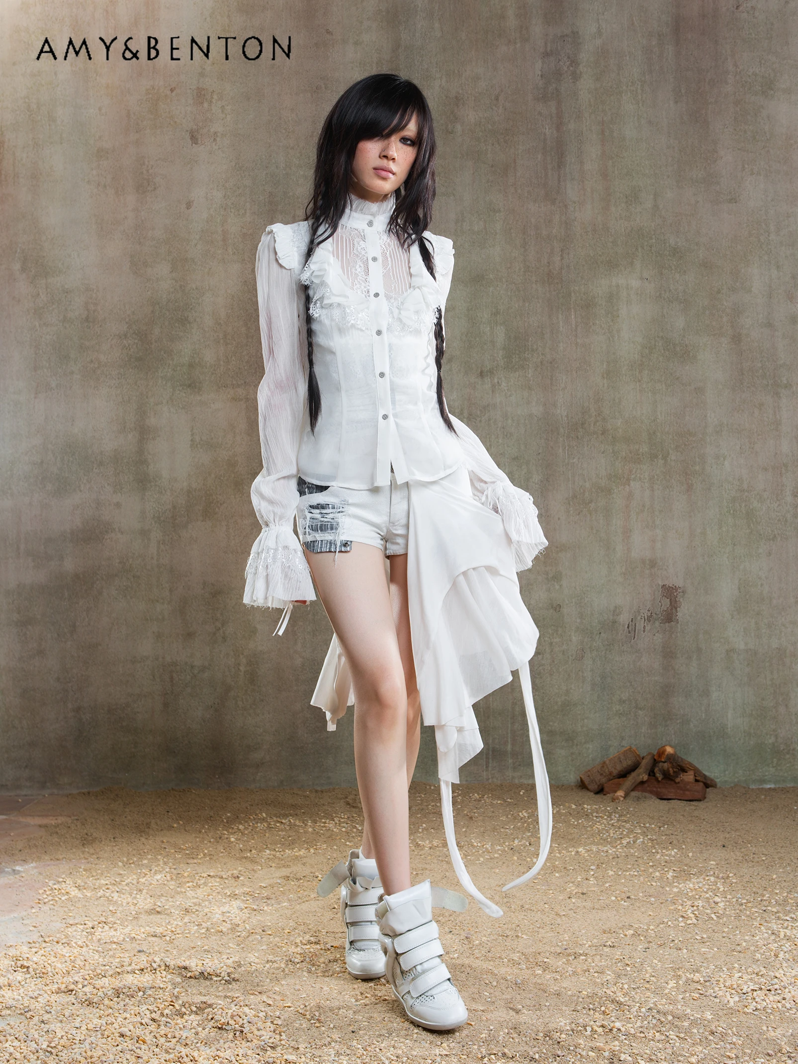 Original Design Retro Court Style Chiffon Thin Long-sleeved Shirt Women Subculture Punk Goth Blouse Summer Dark Girl Y2K Shirts