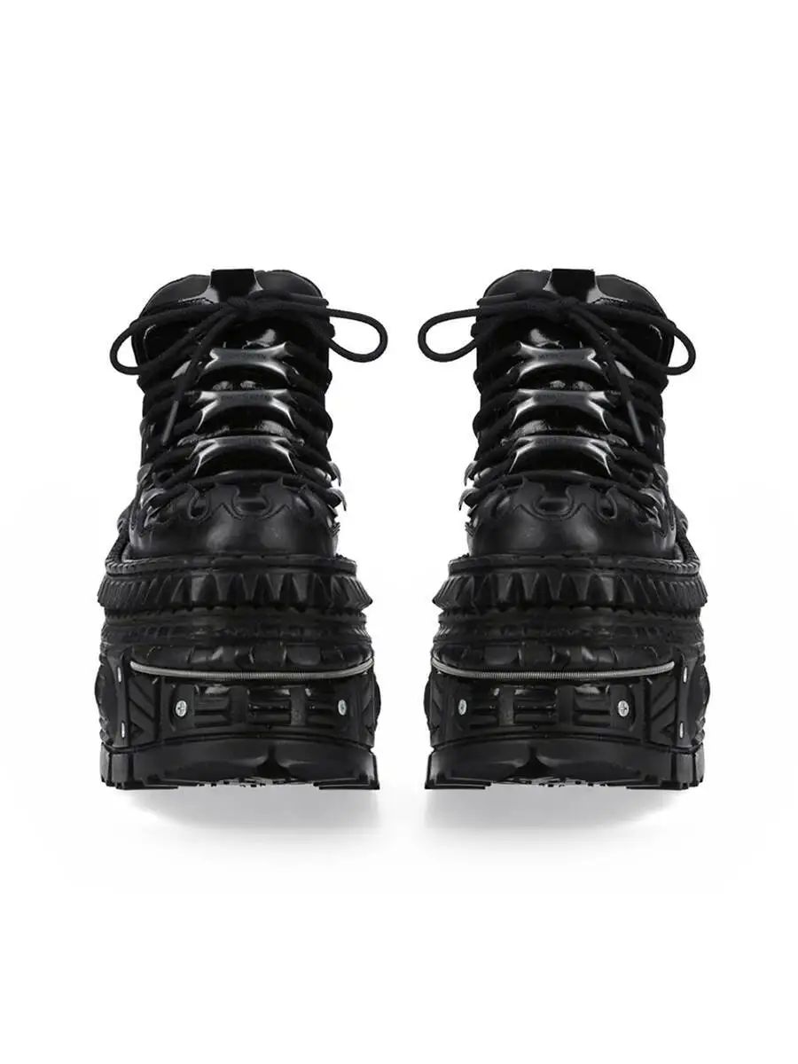 Strappy platform sneakers Punk rock goth style platform shoes Retro metal trim Men's and women's round head high top shoes view 2