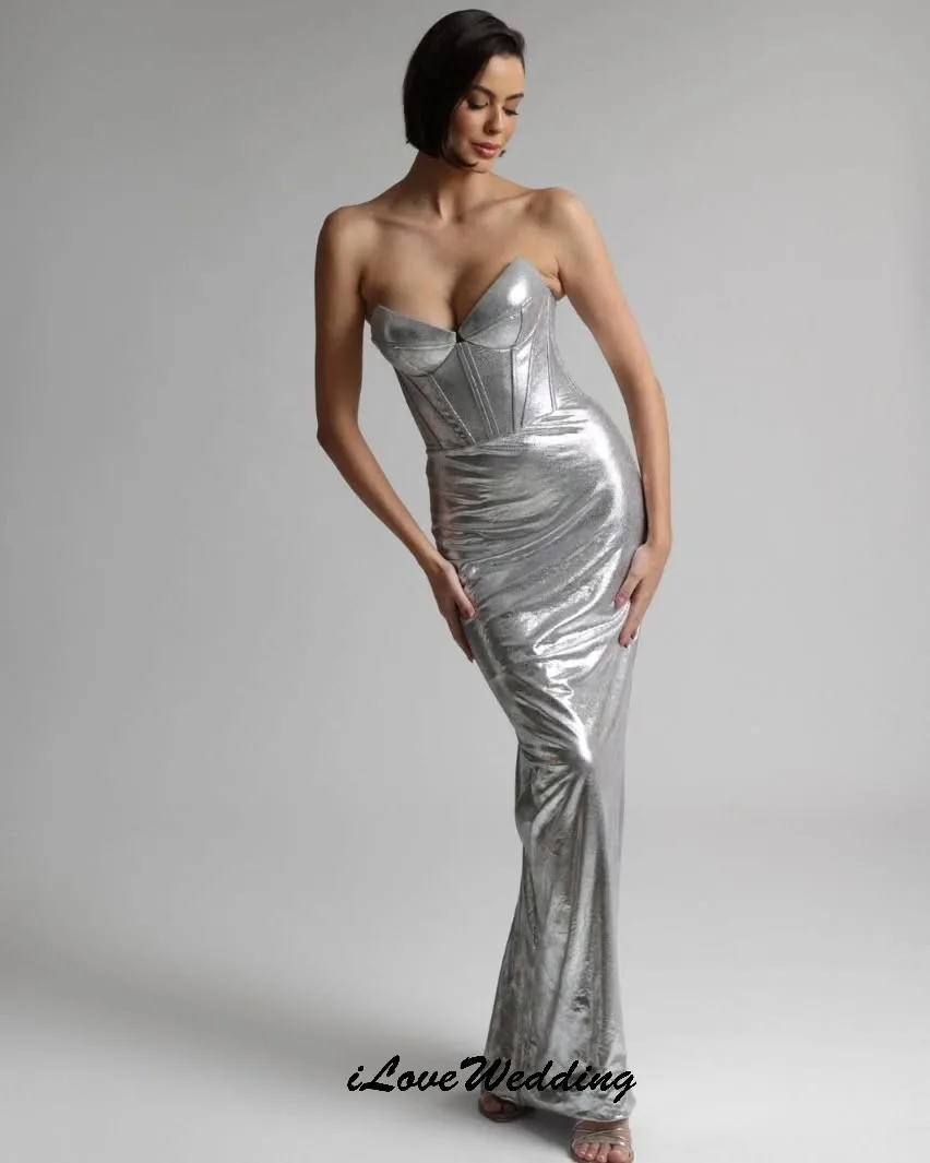 

Silver Strapless V-Neck Prom Dresses 2025 Mermaid Woman Party Dress Backless Sexy Ankle Length Elegant Evening Dress Customized