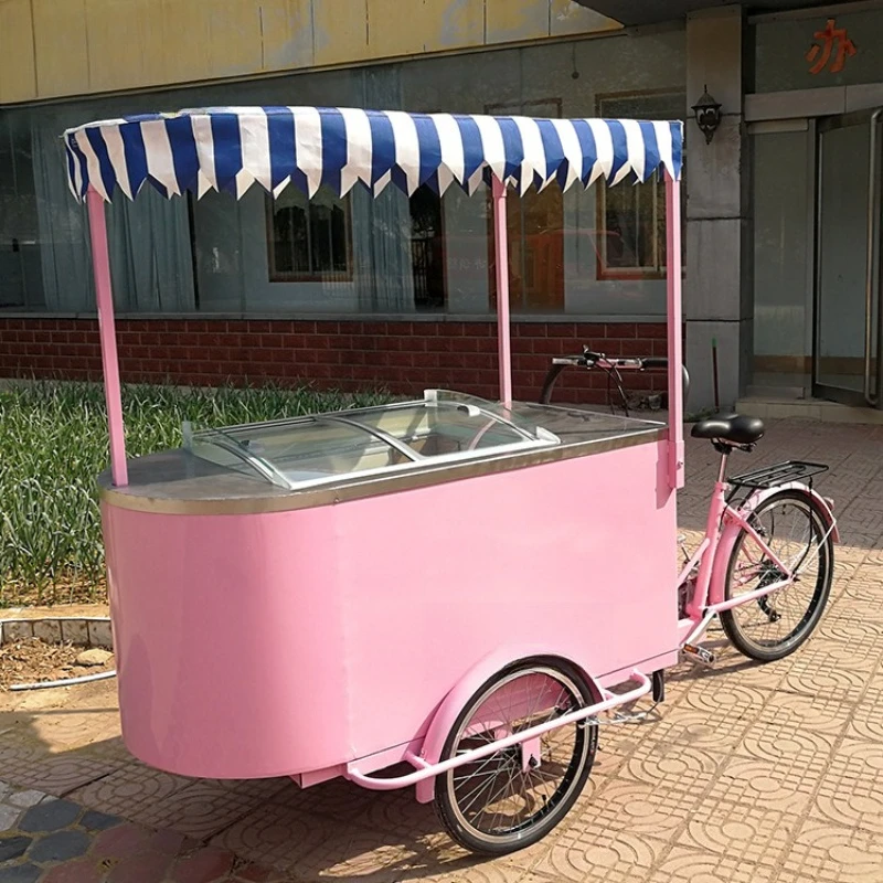 Pink Ice Cream Cart Street View Mobile Cold Drinks Dessert Cart Tricycle Reverse Donkey Bicycle