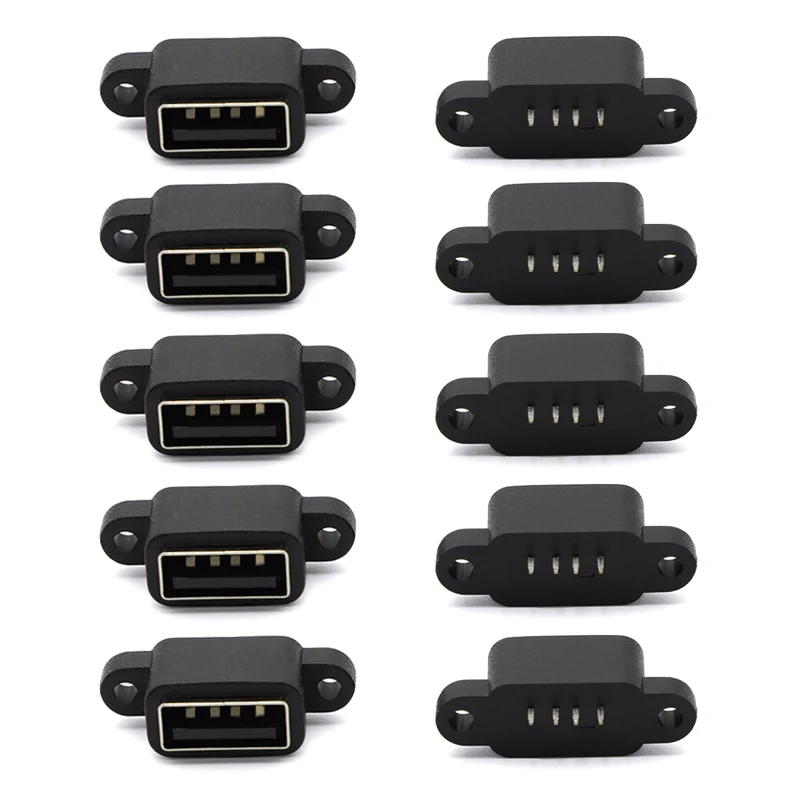 10pcs Waterproof 4 Pin USB A Female Socket Short Body Connector With Screw Holes 4P 180 Degree USB 2.0 Adapter Waterproof DIY
