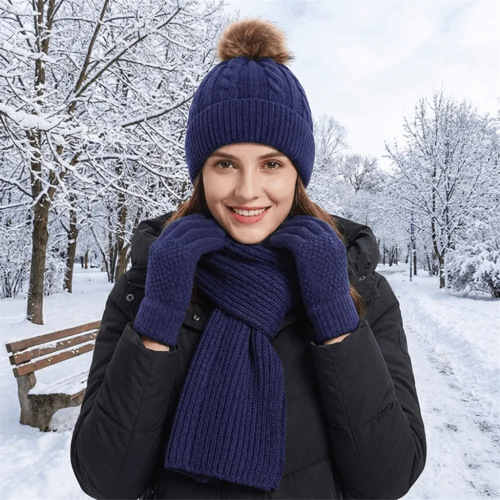 3Pcs/Set Fashion Cold Proof Scarf Hat Gloves Set Elastic Touch Screen Woolen Hat Plush Ball Solid Color Pullover Cap Women