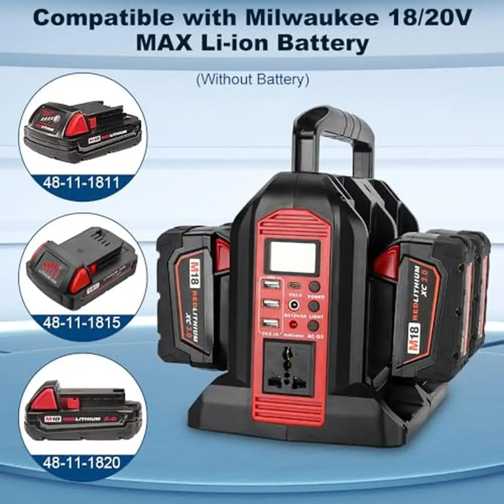 Tragbarer Wechselrichter, 350 W, Milwaukee 18 V, Batterieversorgung DC zu AC 110–120 V, USB-LED-Licht, Lüftersteckdose, kompakt, leicht, Camping