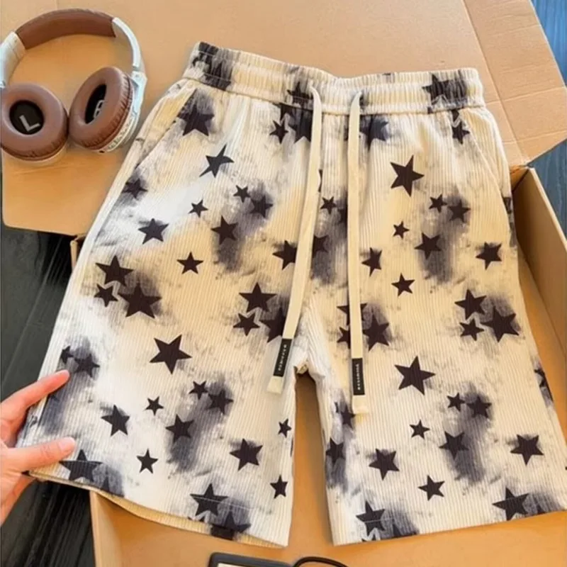 

Men's Star-Print Shorts Straight Cool Casual Drawstring High Street Pockets Wide-leg Five-inch Pants Comfortable Beach Shorts