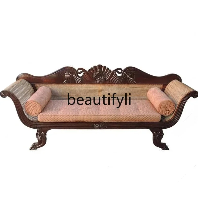 

J45 Country Solid Wood Sofa Natural Rattan Handmade Carved Double Three-Person Leisure Retro