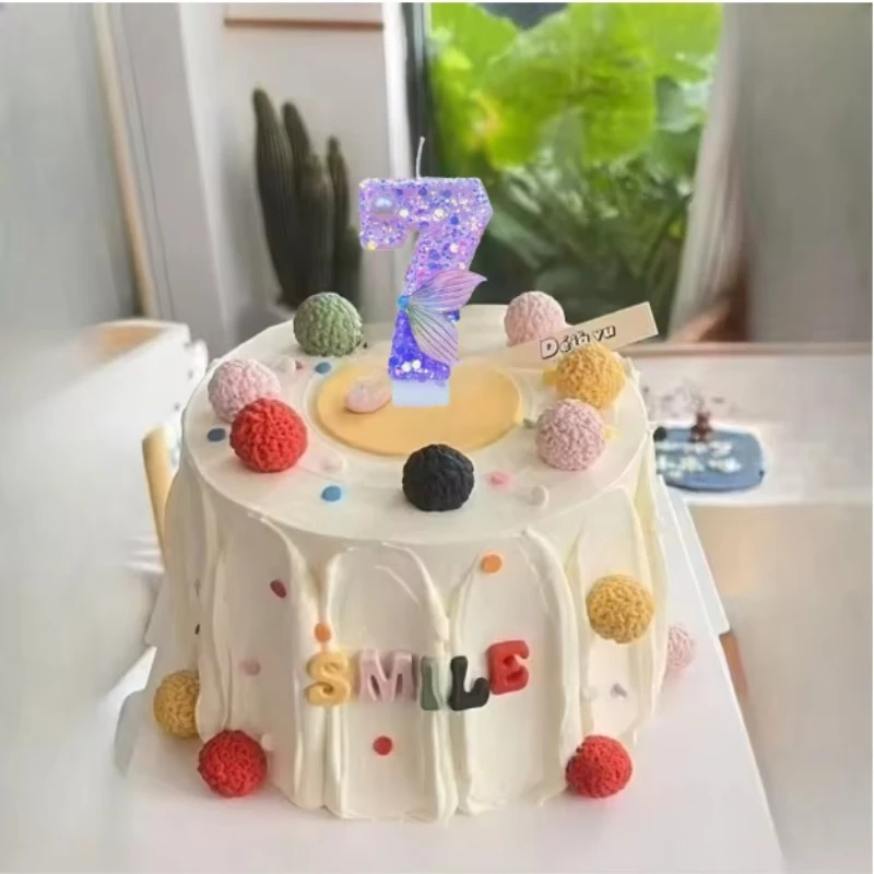 Glitter Purple Gradient Mermaid Tail Number Candles 0-9, Pearl Decor Birthday Cake Candle for Girls Birthday Party Decor view 6