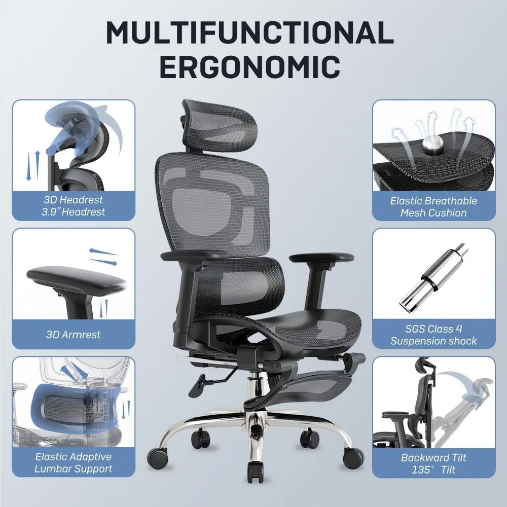Breathable Mesh Chair with Adaptive Lumbar Support, 3D Headrest, Armrests, Retractable Footrest,Adjustable Backrest