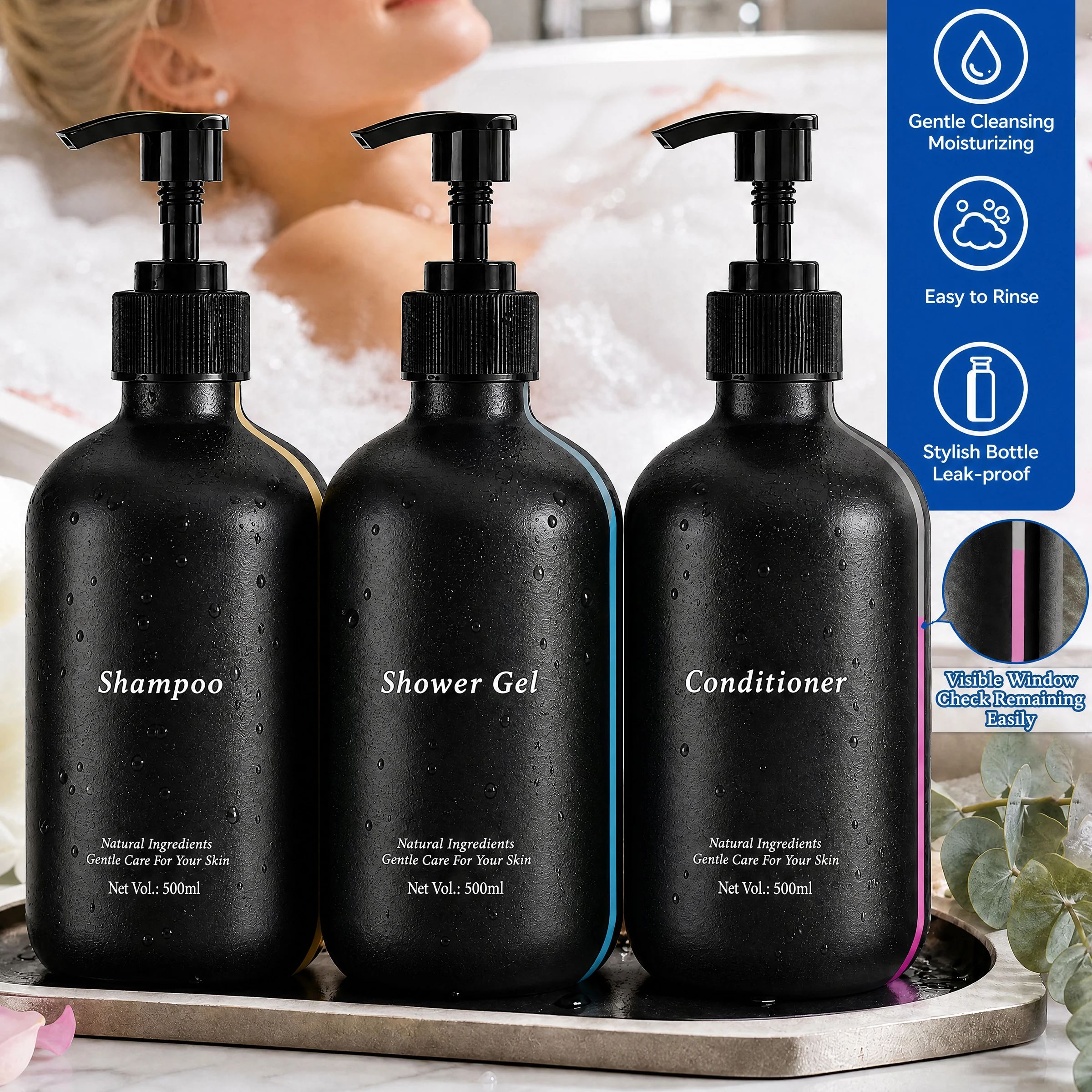 1set Shower Soap Dispenser with Visible Window - 500ml Bath Decor Refillable Pump Bottle for Shower Gel, Conditioner and Shampoo