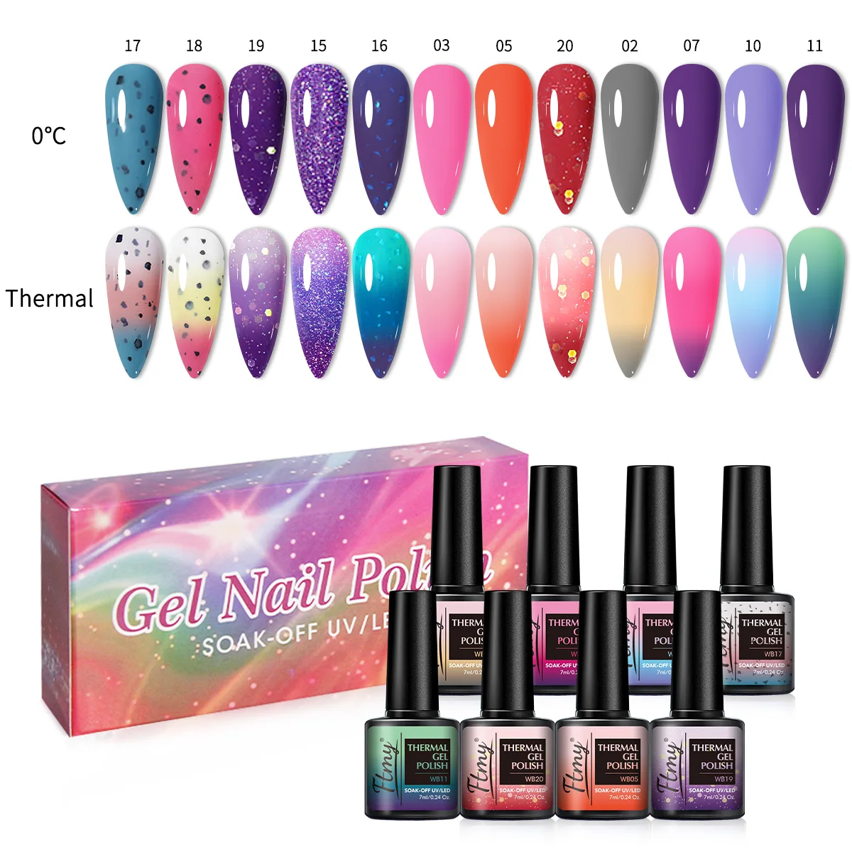 

12 упаковок горячего гелевого лака для ногтей, меняющего цвет, уникальный термоотзывчивый дизайн ногтей, высокая насыщенность и долговечность.