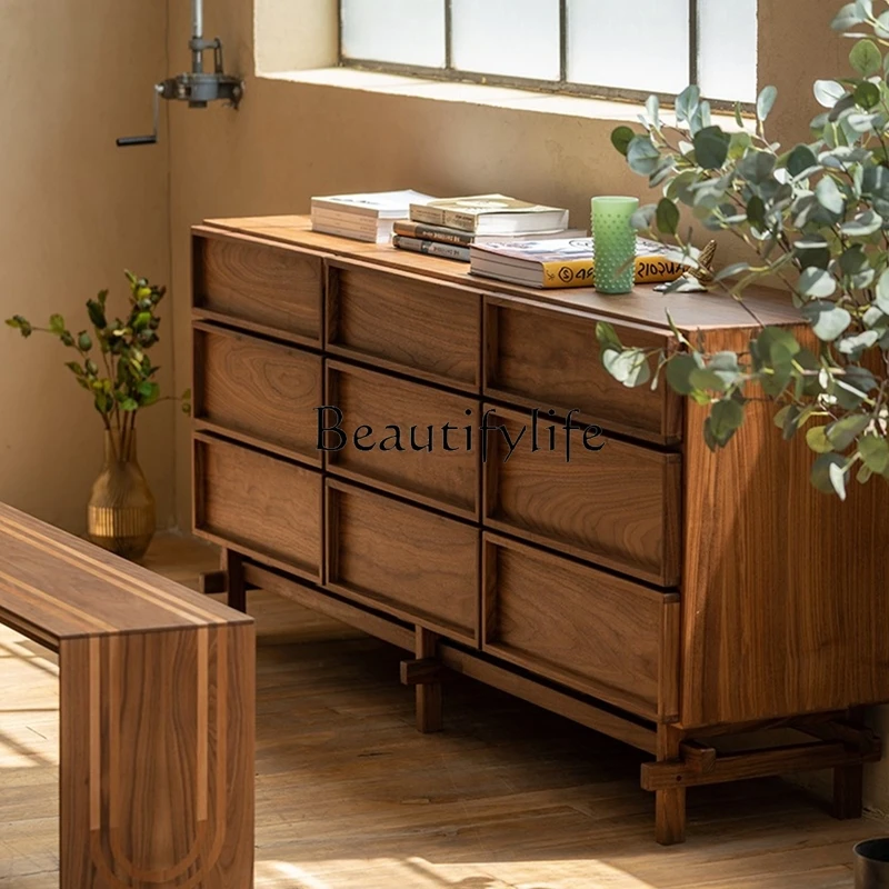 Mid-Ancient Black Walnut Dining Side Solid Wood Chest of Drawers Storage Retro Misty Dining Side Storage Entrance Cabinet