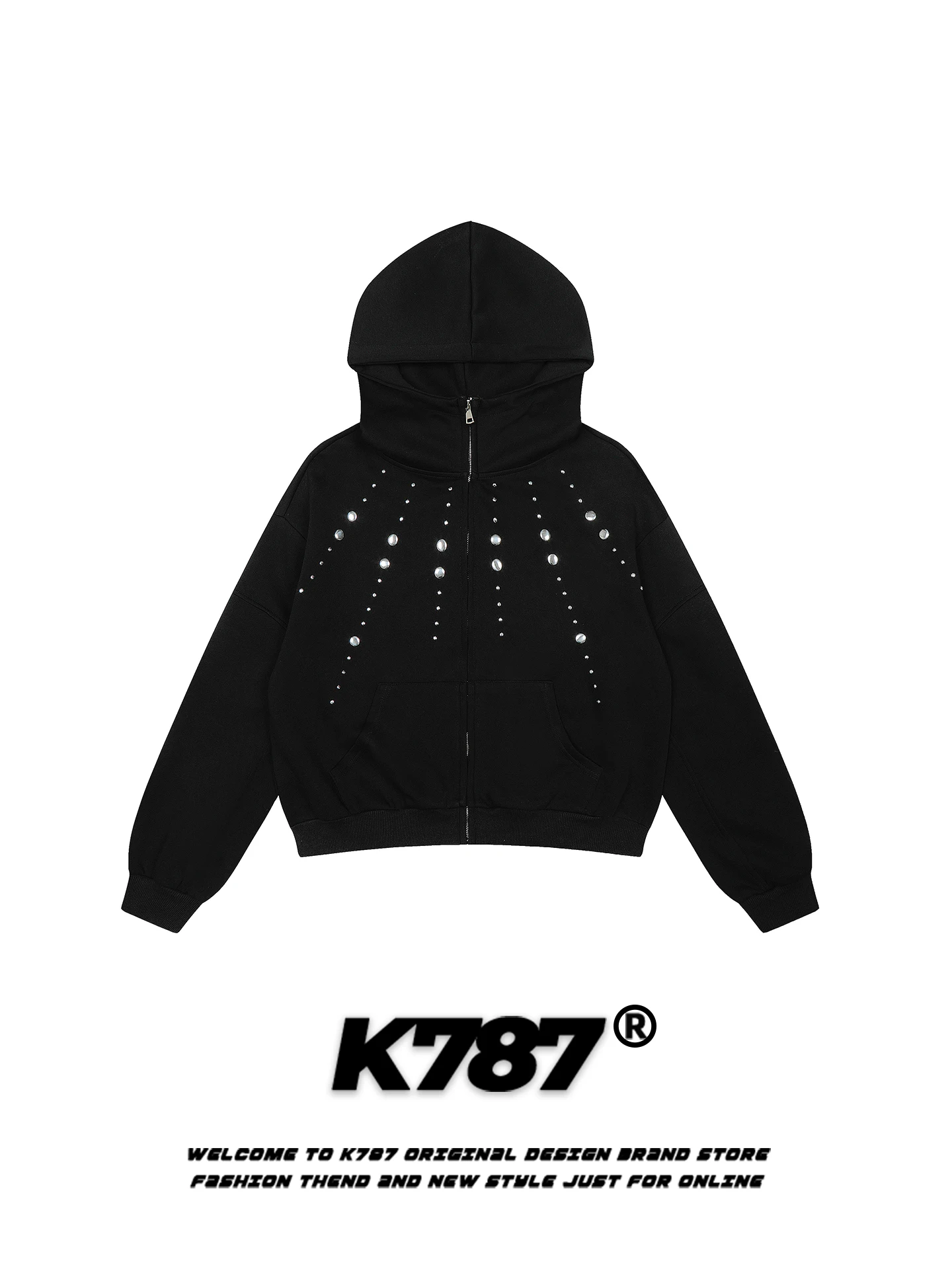 

K787 American Retro Rivet Decorated Hoodie Casual Loose Men's Women's Faion Outerwear Zipper Hooded Sweatirt for Couples
