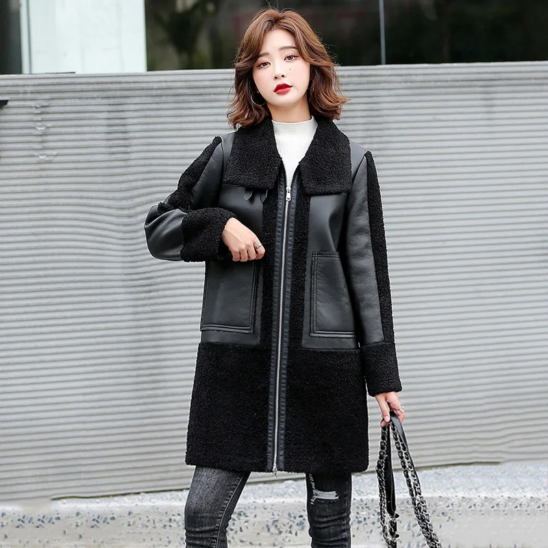 Women Thicken Sheepskin New Coat Autumn Winter Casual Warm Double-faced Lamb Wool Splice Coat Loose Split Leather Outerwear