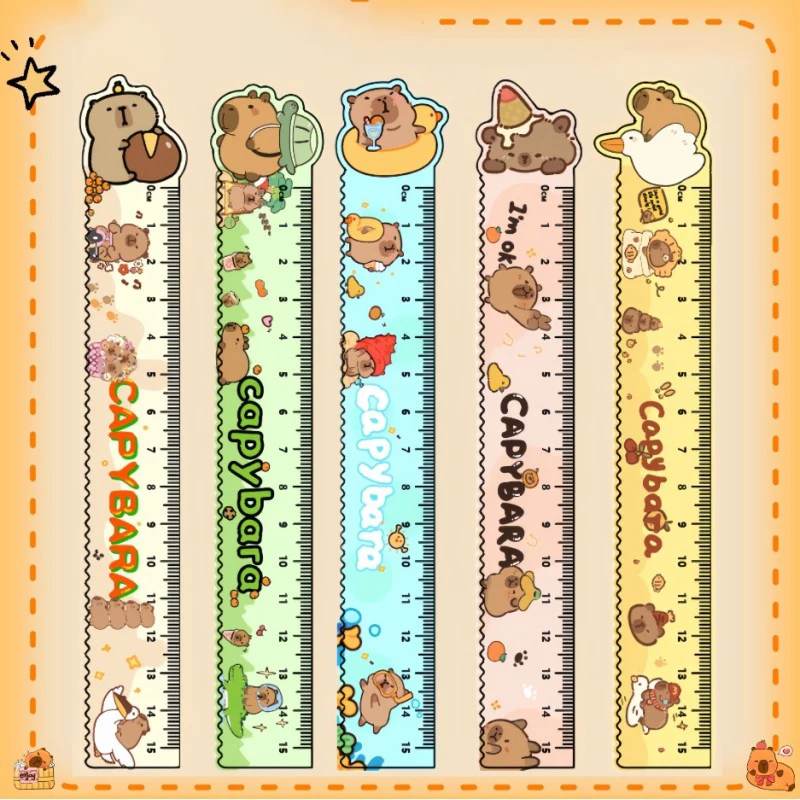 3pcs Cute Cartoon Capybara Ruler Student 15CM Acrylic Wave Straightening Ruler Drawing and Measuring Supplies Stationery