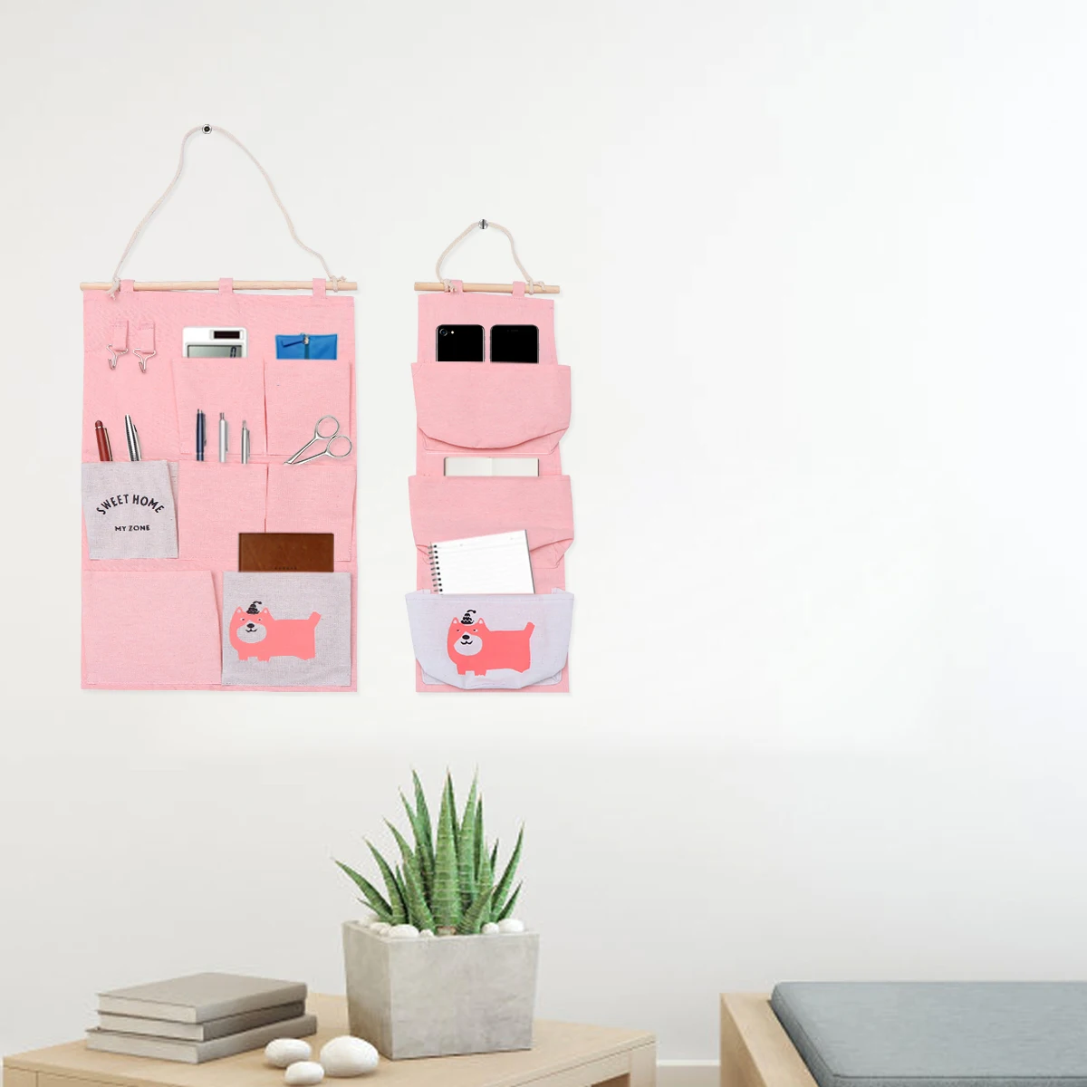 

2pcs Storage Bag Multi Pocket Wall Hanging Organizer Waterproof Cotton Linen Hanging Pouch Heavy Duty Storage Satchel For