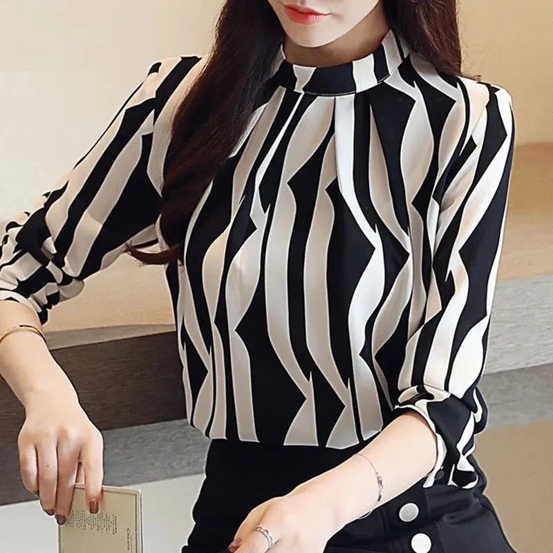 Fashion Stand Collar Blouse Women Long Sleeve Striped Chiffon Shirt Woman Elegant Office Lady Tops Casual Blouses Blusas 0941