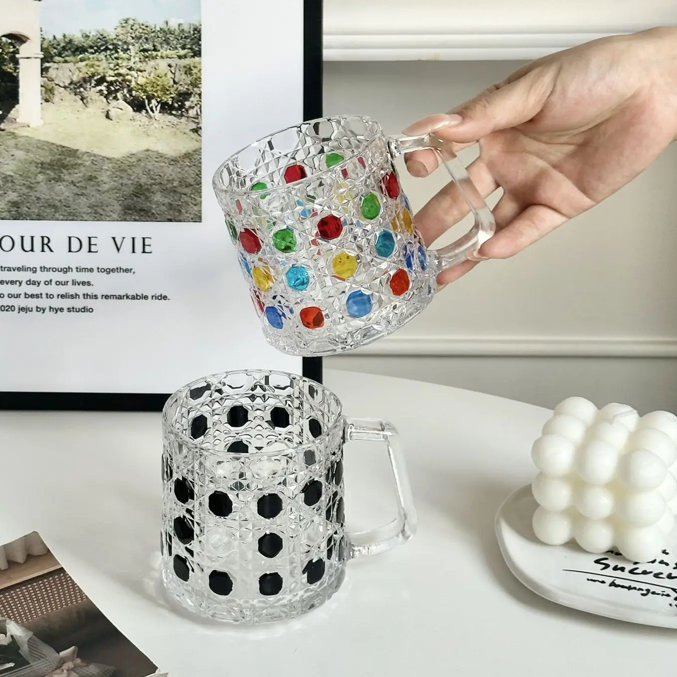 Colorful Polka-Dot Glass Mug with Sturdy Handle, Pretty Mug for Iced Coffee or Juice, Cheerful Transparent Daily Essential