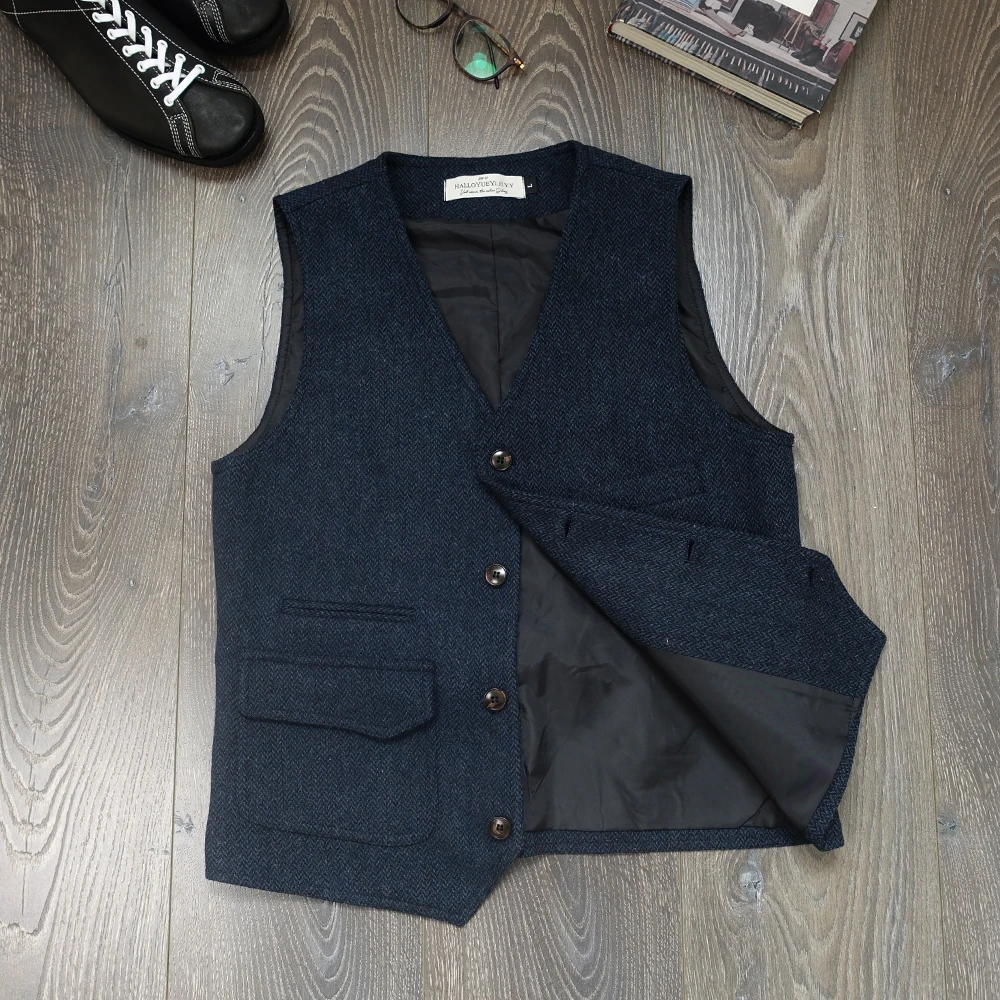 

CAILW Men's Woolen Tweed Vest Blue Fibone Pattern Heavyweight Faion Urban Sle Busin Casual V-ne Vest