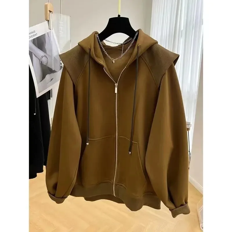 Plus Size Hooded Zipper Sweater Women\'s Loose Cardigan Coat Spring Autumn Fashion Letter Hoodies Sweatshirt Outwear Tops Female