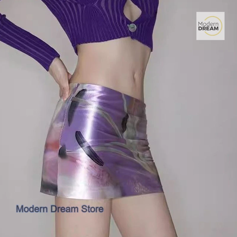 French temperament purple flower stretch printing overskirt women's summer new retro fashion spice girls casual Joker skirt.