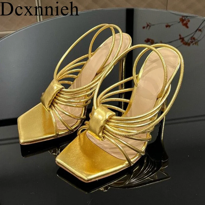 

Thin High Heel Sandals Women Genuine Leather Square Toe Narrow Band Ankle Strap Sandalias Runway Summer Sexy Party Dress Shoes