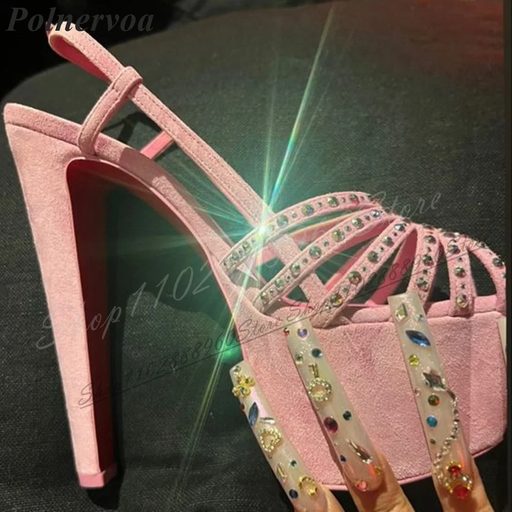 

Pink Flock Platform Slingback Crystal Sandals High Heel Shoes For Women Buckle Strap Peep Toe 2024 Fashion Zapatos Para Mujere