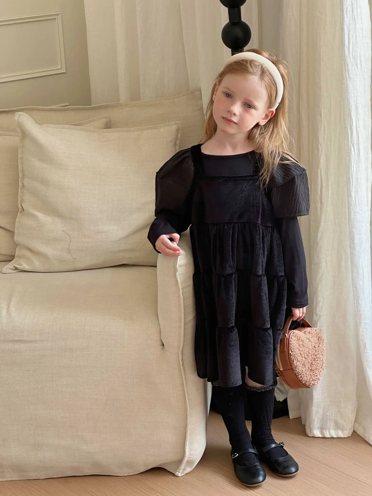 Girls Velvet Dress Sleeveless Casual Winter Fall Princess Christmas Party Suspender Dresses Black Grey Outfits Jumper Skirt