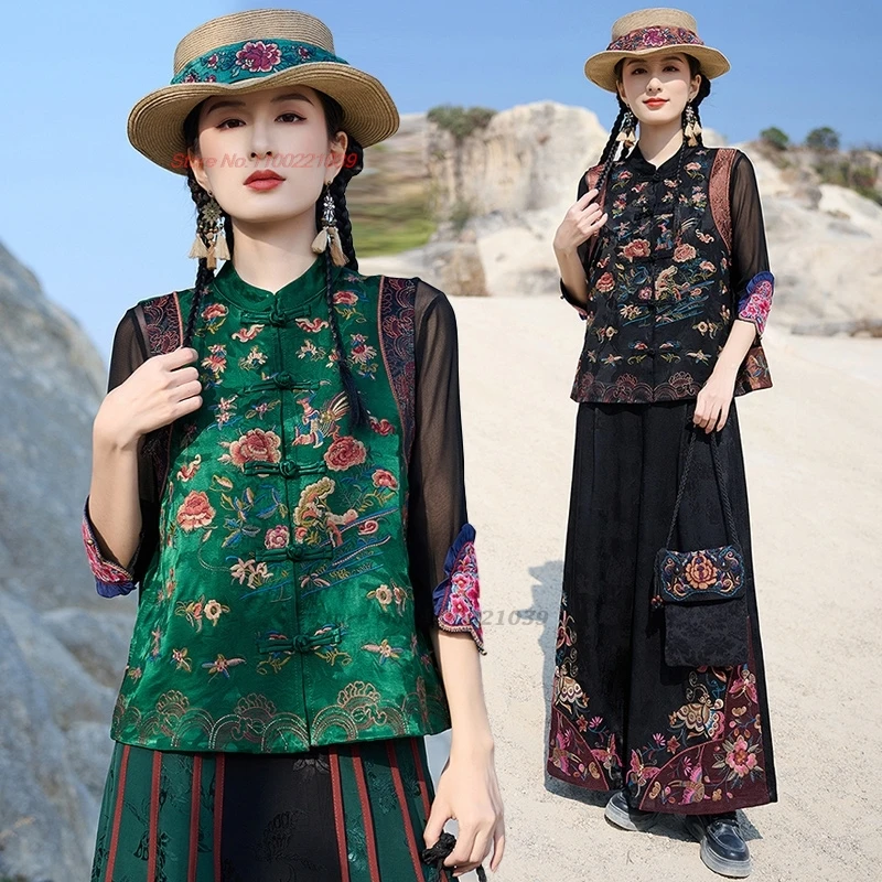 

2025 г., атласный жаккардовый жилет с национальной цветочной вышивкой и воротником-стойкой, традиционный китайский народный жилет, топы ханьфу, куртка без рукавов