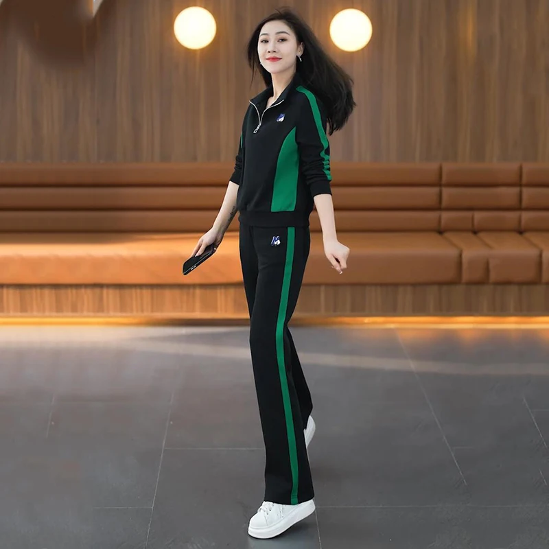 Spring Fall 2 Pieces Sets Stand Collar Long Sleeve Tops Tracksuit Ankle-length High Waist Sweatpants Suits Casual New Conjuntos