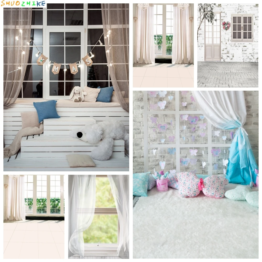 

Interior Windows Curtain Photocall Baby Birthday Photography Backdrop Photographic Decoration Backgrounds For Photo Studio