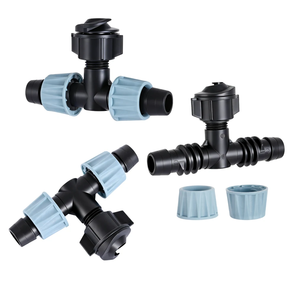 Conectores de bloqueo para cinta de riego por goteo de 16 mm, uniones rápidas de derivación, rectas, en T y válvulas para sistemas de riego agrícola que ahorran agua