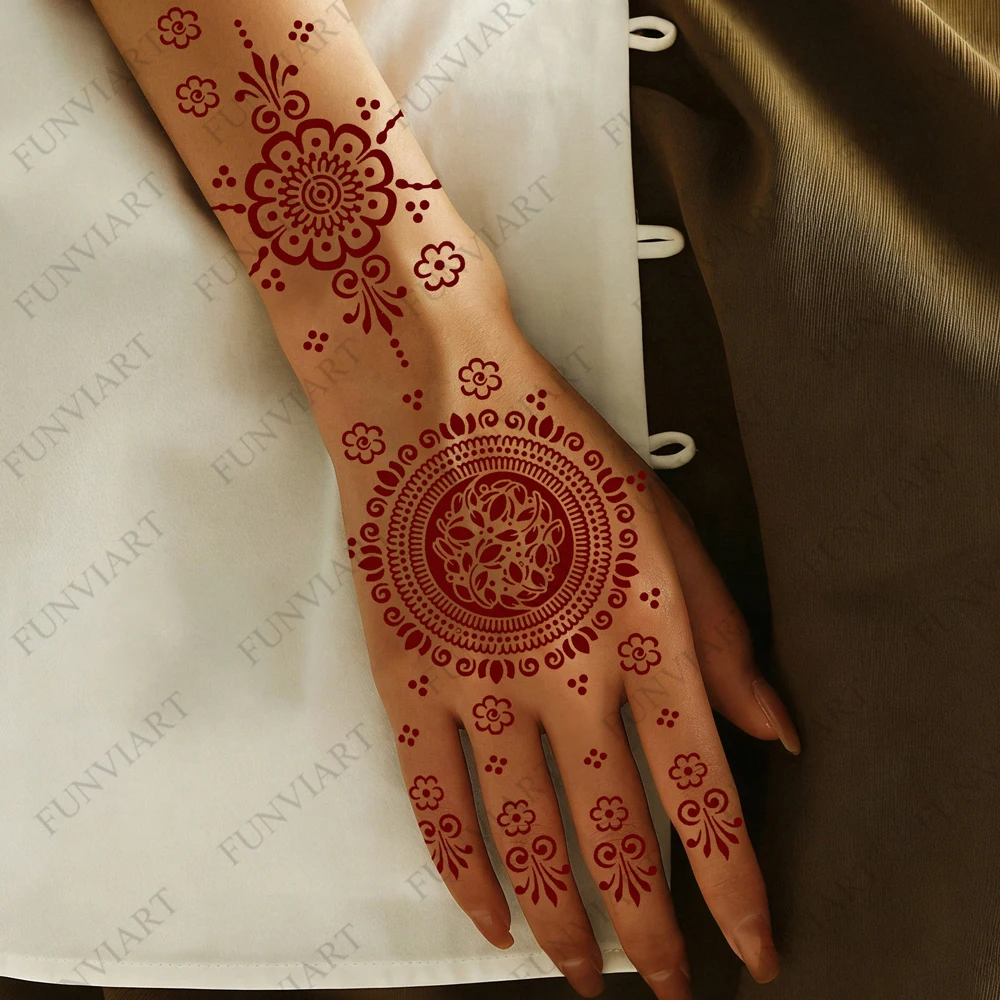 2 Sheets Henna Stencils for Hand and Finger Flower Henna Tattoo Template for Women Wedding Festival Body Painting