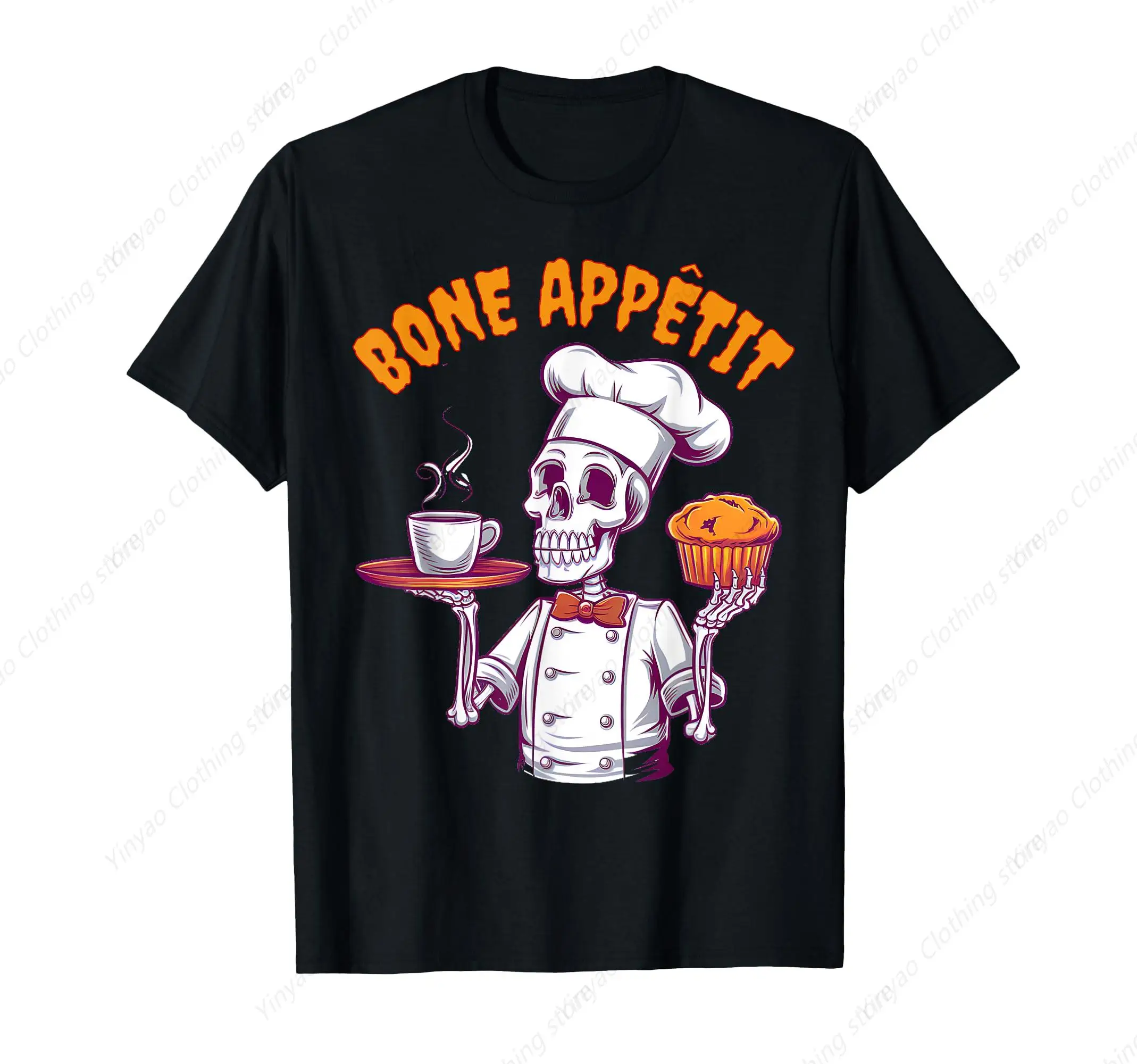 Fun Printed Men's Shirt Skeleton Chef Halloween Catering Staff Cooking T-Shirt Pure Cotton Short Sleeved