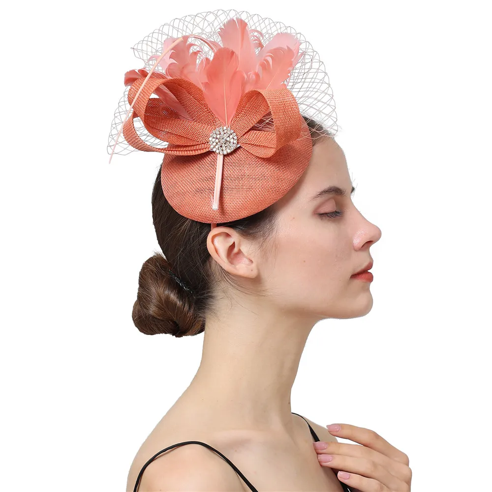 Marine Fascinator Hut Derby Hochzeit niedlichen Schleier Sinamay Milli nery Kopf bedeckung Party Kirche Kopf bedeckung Mode Feder Haar Zubehör – Detail 3