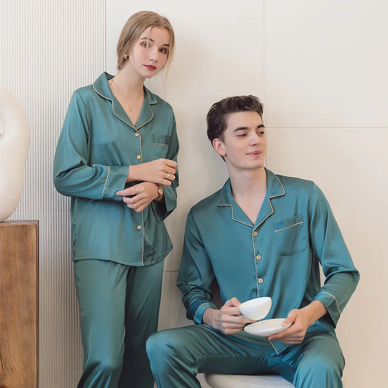 Ice Silk Couple Pajamas Men Women Summer Long Short Sleeve Cardigan Lapel Suit Thin SatinPlus Size Home Cloth Nightwear Male