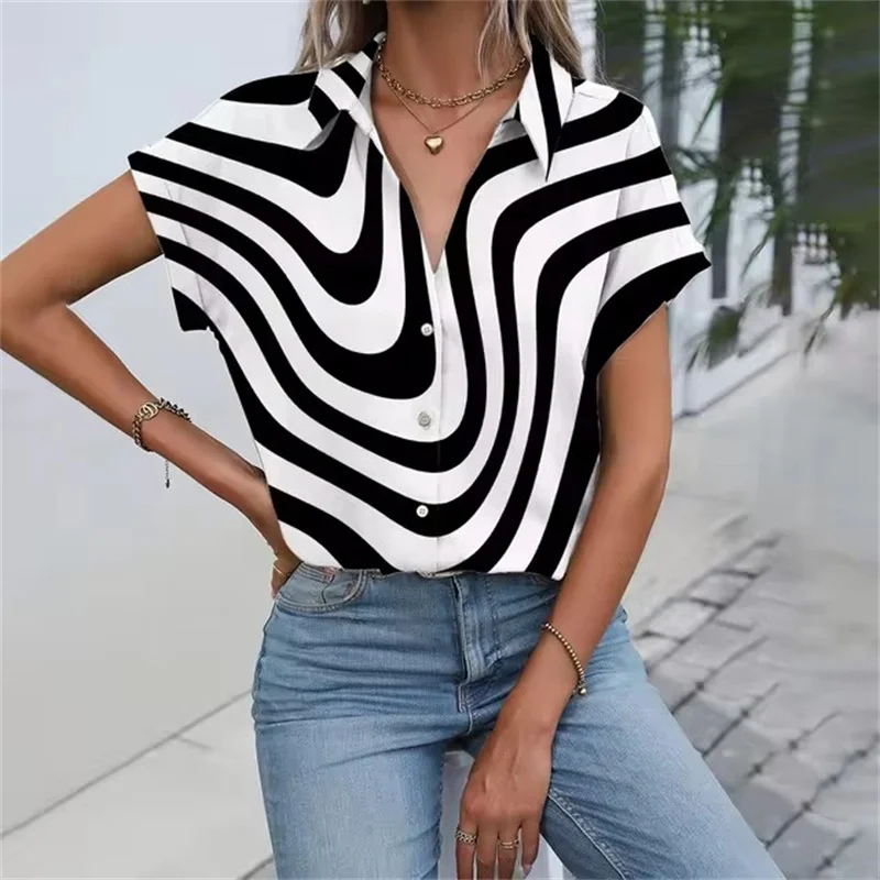 Daily Casual Women\'s Shirt Classic Black Line Print Shirts & Blouses Women\'s Summer Clothes Short Sleeve Button Front Shirt Tops