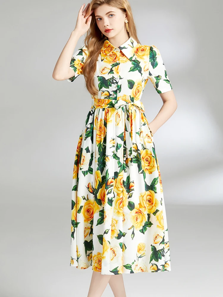 Fashion Casual Bloemenprint Shirt Jurk Voor Vrouwen Zomer Revers Korte Mouw Vrouwelijke Elegante Boog Riem Vakantie Feestjurk Vestidos