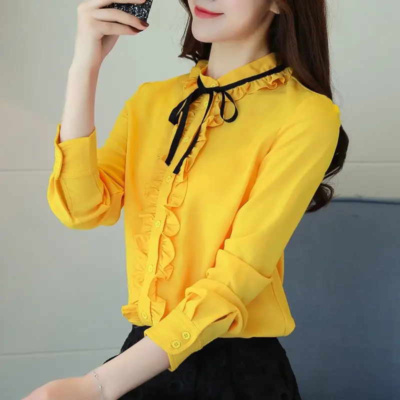 New Women Korean Fashion Ruffle Lace Up Elegant Button Shirt Casual Stand Collar Slim Blouse Solid Long Sleeve Tops Sweet Blusas