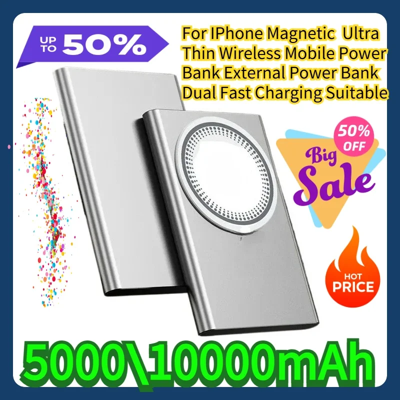 

For IPhone Magnetic 5000\10000mAh Ultra Thin Wireless Mobile Power Bank External Power Bank Dual Fast Charging Suitable