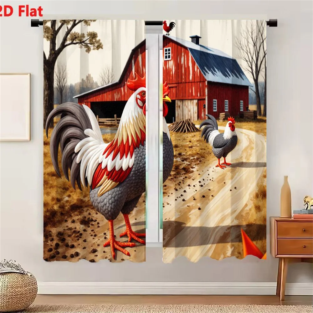 2Pcs Curtains 2D Flat Rustic Farm Scene With Red Barn Blue Metal Roof White Trim Stylized Roosters And Leafless Trees Wooden Fen