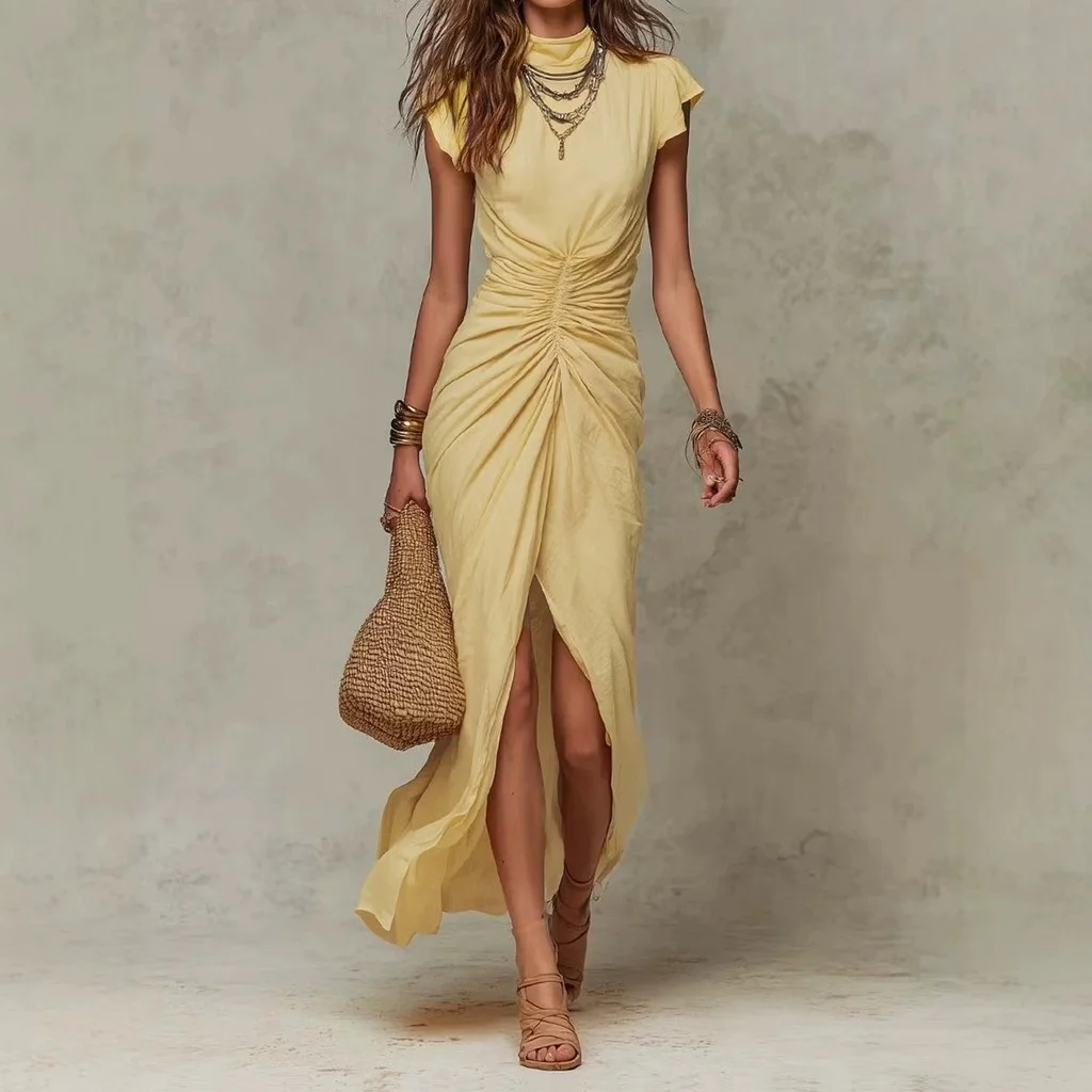 Ruched Pleated Gown Fitted Elegant with Short Sleeves and Asymmetrical Hem for Women Daily Pleated Dress Summer Beach Party