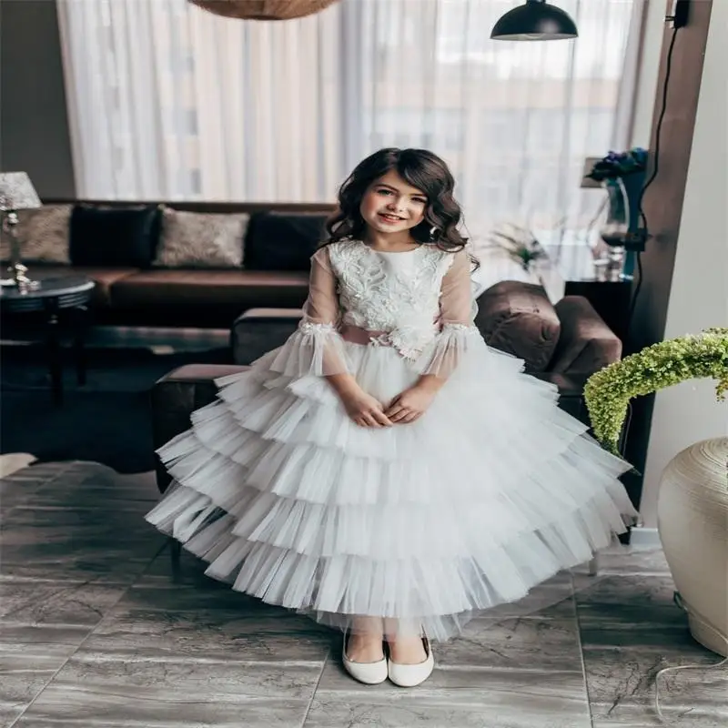 

Flower Girl Dresses White Tulle Puffy Patterned Embroidery With Bow Short Sleeve For Wedding Birthday Princess Gowns