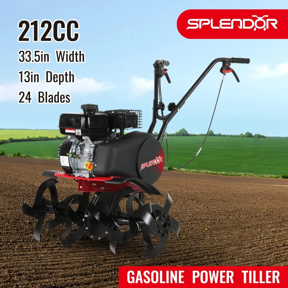 Gas Powered Tiller 4 Cycle Engine 212CC Working Width Adjustable 13in-22in-33.5in