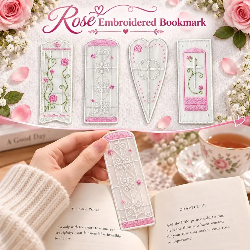 Organza Rose Embroidered Bookmark Rose Pattern Embroidered Detail Reading Marker Vine Window Style Heart and Cross Styles